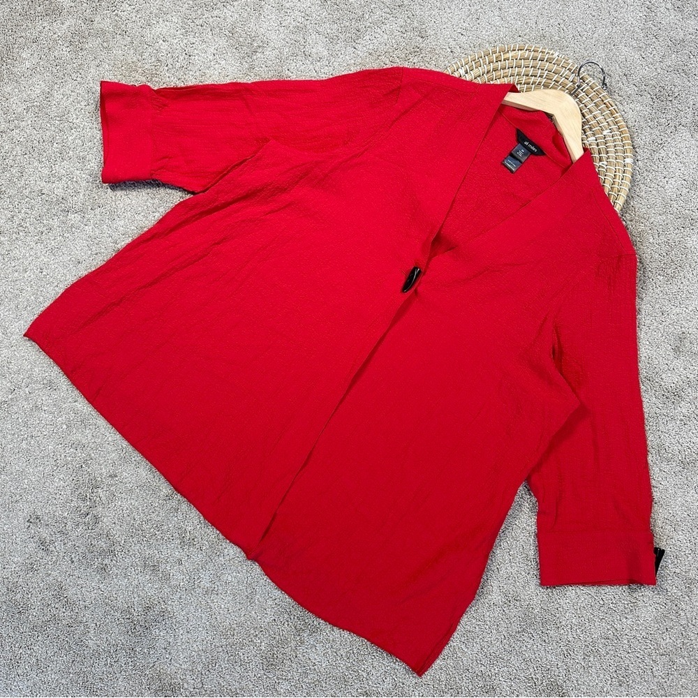 Ali Miles Women’s Cardigan Blouse Top Crinkle 3/4 Sleeve Artsy Holiday in Red 2X